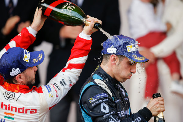 2016/2017 FIA Formula E Championship.
Monte-Carlo, Monaco
Saturday 13 May 2017.
Sebastien Buemi (SUI), Renault e.Dams, Spark-Renault, Renault Z.E 16, sprays the champagne on the podium with Nick Heidfeld (GER), Mahindra Racing, Spark-Mahindra, Mahindra M3ELECTRO.
Photo: Alastair Staley/LAT/Formula E
ref: Digital Image _X0W1421