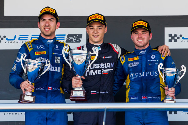 2017 FIA Formula 2 Round 10.
Circuito de Jerez, Jerez, Spain.
Sunday 8 October 2017.
Nicholas Latifi (CAN, DAMS), Artem Markelov (RUS, RUSSIAN TIME), Oliver Rowland (GBR, DAMS).
Photo: Zak Mauger/FIA Formula 2.
ref: Digital Image _X0W2931 2017 FIA Formula 2 Round 10.
Circuito de Jerez, Jerez, Spain.
Sunday 8 October 2017.
Nicholas Latifi (CAN, DAMS), Artem Markelov (RUS, RUSSIAN TIME), Oliver Rowland (GBR, DAMS).
Photo: Zak Mauger/FIA Formula 2.
ref: Digital Image _X0W2931