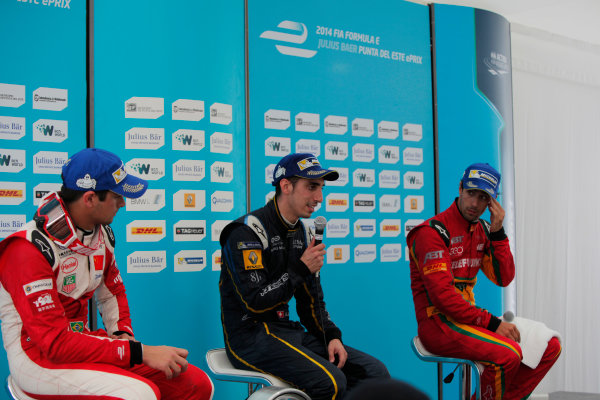 2014 FIA Formula E Championship.
Punta del Este ePrix, Uruguay.
Post-race press conference. Sebastien Buemi (SWI)/E.dams Renault - Spark-Renault SRT_01E (first position), Nelson Piquet Jr (BRA)/China Racing - Spark-Renault SRT_01E (second position) and Lucas di Grassi (BRA)/Audi Abt Sport - Spark-Renault SRT_01E (third position).
Photo: Zak Mauger/LAT/FE
ref: Digital Image _MG_0124 2014 FIA Formula E Championship.
Punta del Este ePrix, Uruguay.
Post-race press conference. Sebastien Buemi (SWI)/E.dams Renault - Spark-Renault SRT_01E (first position), Nelson Piquet Jr (BRA)/China Racing - Spark-Renault SRT_01E (second position) and Lucas di Grassi (BRA)/Audi Abt Sport - Spark-Renault SRT_01E (third position).
Photo: Zak Mauger/LAT/FE
ref: Digital Image _MG_0124