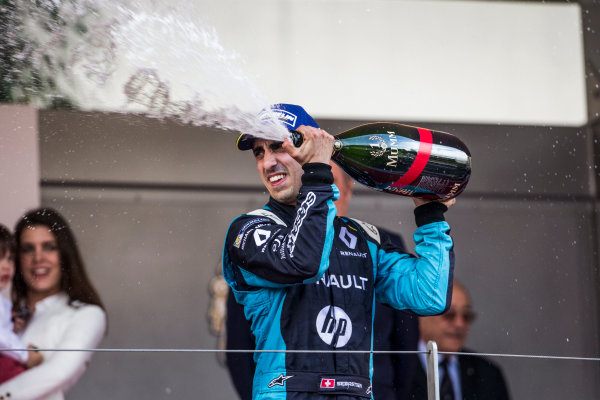 2016/2017 FIA Formula E Championship.
Monte-Carlo, Monaco
Saturday 13 May 2017.
Sebastien Buemi (SUI), Renault e.Dams, Spark-Renault, Renault Z.E 16, celebrates on the podium.
Photo: Andrew Ferraro/LAT/Formula E
ref: Digital Image _FER8821