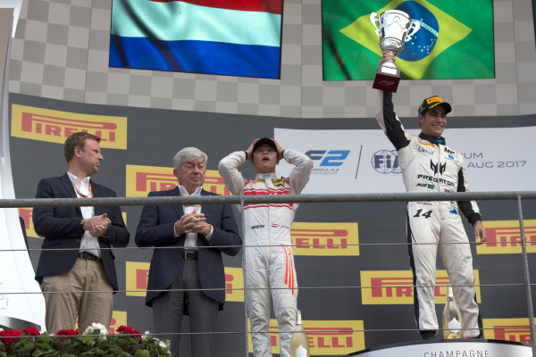 2017 FIA Formula 2 Round 8.
Spa-Francorchamps, Spa, Belgium.
Sunday 27 August 2017.
Sergio Sette Camara (BRA, MP Motorsport) celebrates his victory on the podium with Nyck De Vries (NED, Racing Engineering) and Luca Ghiotto (ITA, RUSSIAN TIME). 
Photo: Alastair Staley/FIA Formula 2.
ref: Digital Image _L5R6039