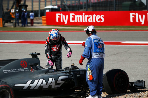 Circuit of the Americas, Austin, Texas, United States of America.
Saturday 21 October 2017.
Romain Grosjean, Haas VF-17, climbs from his car after spinning.
World Copyright: Zak Mauger/LAT Images 
ref: Digital Image _X0W5448