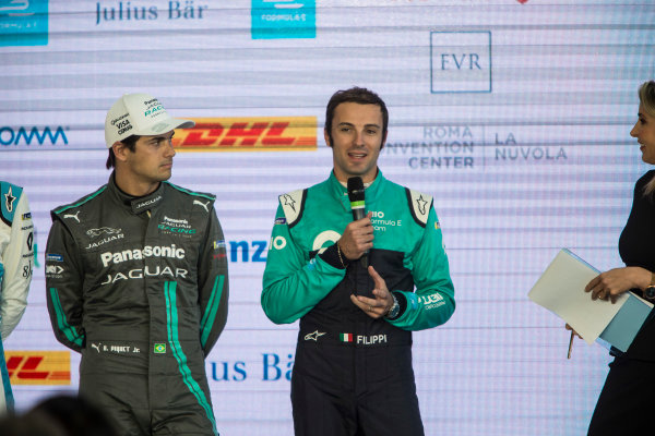 2017/2018 FIA Formula E Championship.
Street Demonstration - Rome, Italy.
Luca Filippi (ITA), NIO Formula E Team, in the press conference withNelson Piquet Jr. (BRA), Panasonic Jaguar Racing.
Thursday 19 October 2017.
Photo: Andrew Ferraro/LAT/Formula E
ref: Digital Image _FER4418