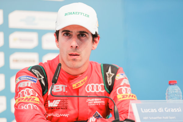 2016/2017 FIA Formula E Championship.
Round 8 - Berlin ePrix, Tempelhof Airport, Berlin, Germany.
Sunday 11 June 2017.
Lucas Di Grassi (BRA), ABT Schaeffler Audi Sport, Spark-Abt Sportsline, ABT Schaeffler FE02, in the press conference.
Photo: Zak Mauger/LAT/Formula E
ref: Digital Image _56I5900