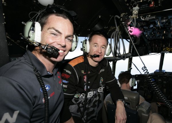 2007 Australian V8 Supercars.
Bahrain International Circuit. Sakhir, Bahrain.
2nd - 4th November.
Craig Lowndes and Greg Murphy on the flight deck of an Australian C130 as they fly into visit the Australian troops based at Tallil Airbase located approximately 310 kilometers Southeast of Baghdad, Iraq.
World Copyright: Mark Horsburgh/LAT Photographic.
Ref: Digital Image V8-Drivers-IRAQ-7100 2007 Australian V8 Supercars.
Bahrain International Circuit. Sakhir, Bahrain.
2nd - 4th November.
Craig Lowndes and Greg Murphy on the flight deck of an Australian C130 as they fly into visit the Australian troops based at Tallil Airbase located approximately 310 kilometers Southeast of Baghdad, Iraq.
World Copyright: Mark Horsburgh/LAT Photographic.
Ref: Digital Image V8-Drivers-IRAQ-7100