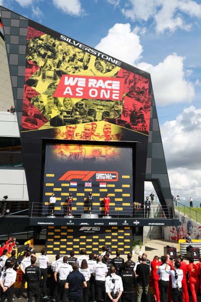 Lewis Hamilton, Mercedes-AMG Petronas F1, 1st position, Max Verstappen, Red Bull Racing, 2nd position, and Charles Leclerc, Ferrari, 3rd position, on the podium Lewis Hamilton, Mercedes-AMG Petronas F1, 1st position, Max Verstappen, Red Bull Racing, 2nd position, and Charles Leclerc, Ferrari, 3rd position, on the podium