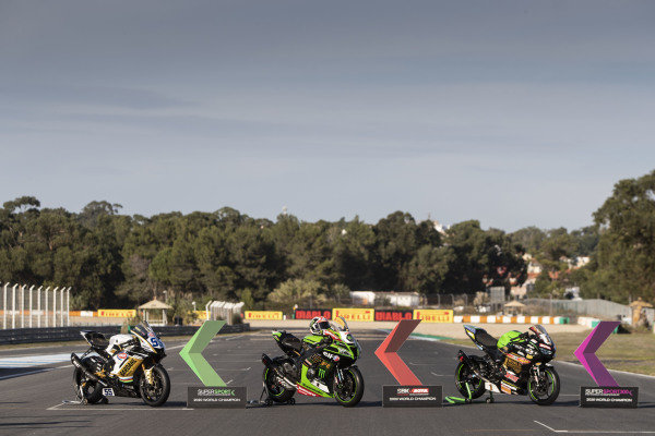 Andrea Locatelli, BARDAHL Evan Bros. WorldSSP Team bike, Jonathan Rea, Kawasaki Racing Team bikeand Jeffrey Buis bike, World championship class winners. Andrea Locatelli, BARDAHL Evan Bros. WorldSSP Team bike, Jonathan Rea, Kawasaki Racing Team bikeand Jeffrey Buis bike, World championship class winners.