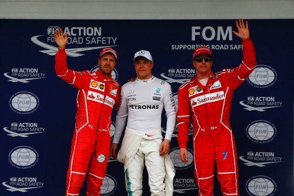 Interlagos, Sao Paulo, Brazil.
Saturday 11 November 2017.
Top three Qualifiers Valtteri Bottas, Mercedes AMG, Sebastian Vettel, Ferrari, and Kimi Raikkonen, Ferrari.
World Copyright: Andrew Hone/LAT Images 
ref: Digital Image _ONY8471