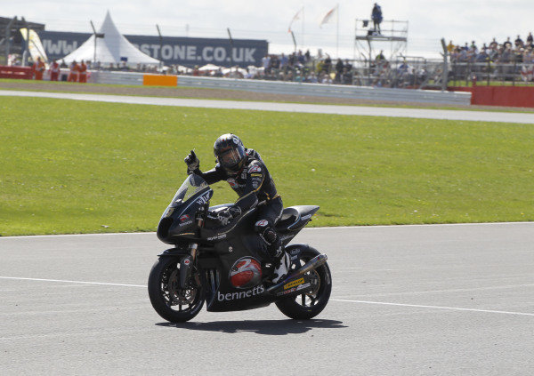 2014 Moto2 Championship 
British Grand Prix. 
Silverstone, England. 29th - 30st August 2014. 
Jeremy McWilliams, Brough Superior, acknowledges the support from the home fans. 
Ref: _W1_8155. World copyright: Kevin Wood/LAT Photographic